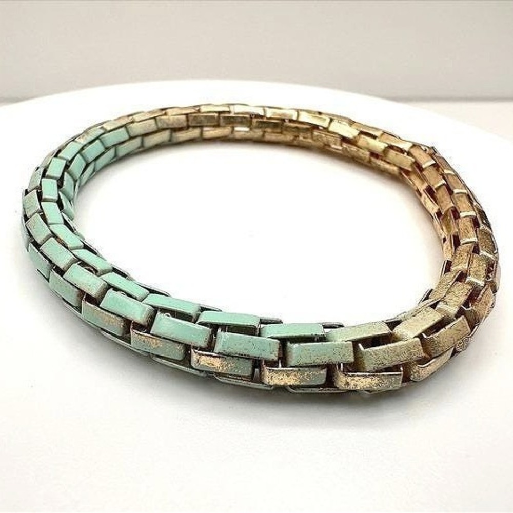 Vintage Y2K Teal Gold Two Tone Enamel Link Bracelet Chunky Statement Jewelry 90s